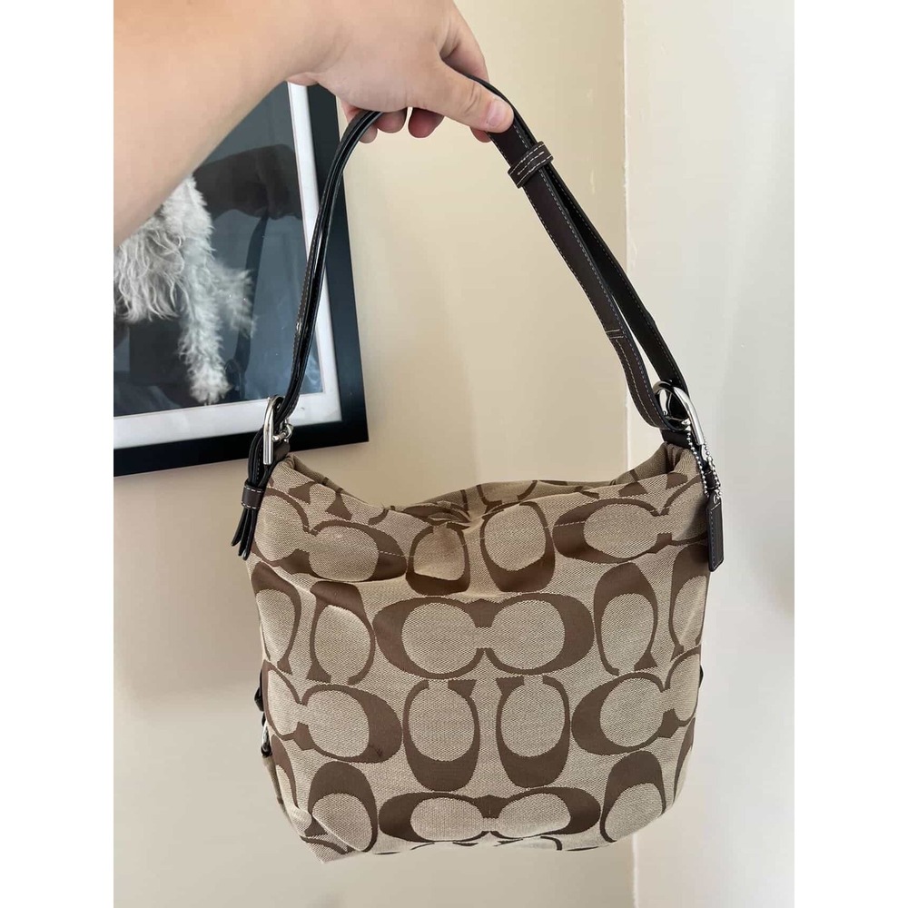 Coach Signature Carly Hobo Bag Khaki Brown Jacquard Leather F15067